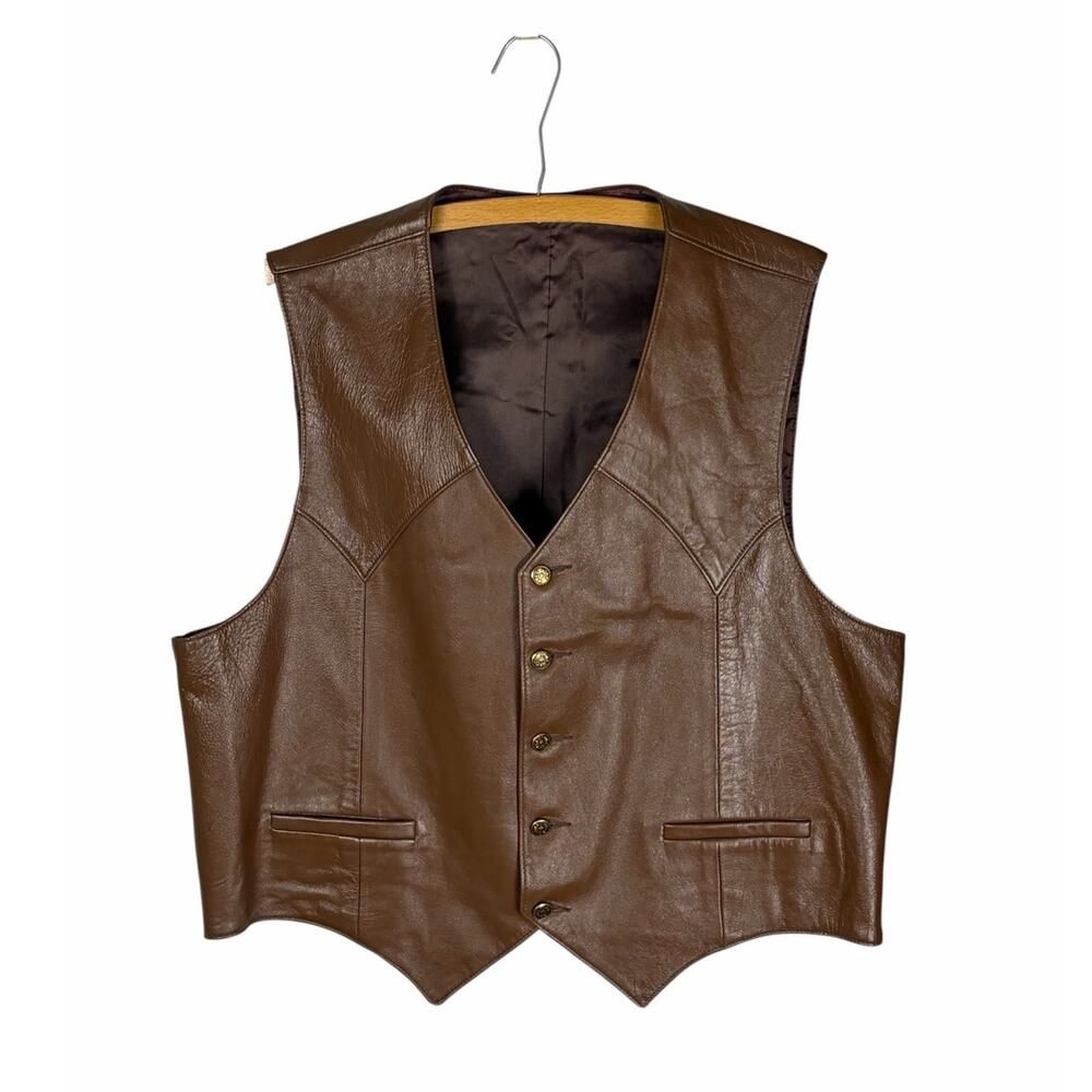 Vintage Brown Leather Western Vest Size 46 Lone Star Buttons Cowboy